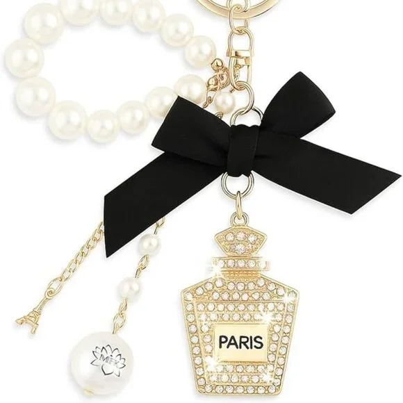 Paris Perfume Bottle Pearl Crystal Keychain Bag Charm - Picture 5 of 5